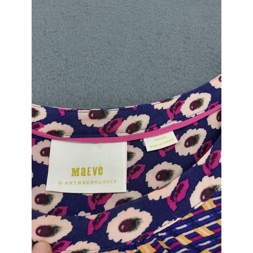 Maeve Anthropologie Shirt Womens Medium Blue Geometric Ruffle Hem Tunic Blouse - Picture 2 of 8